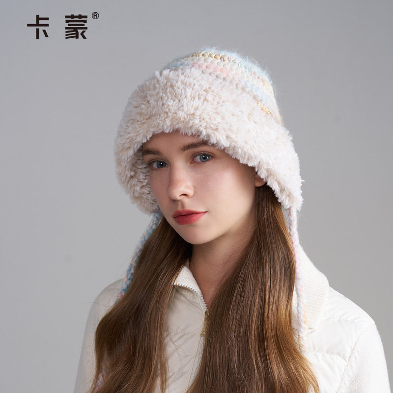 卡蒙飘带护耳针织帽女士2025新款显脸小保暖毛线帽大头毛绒冬帽子