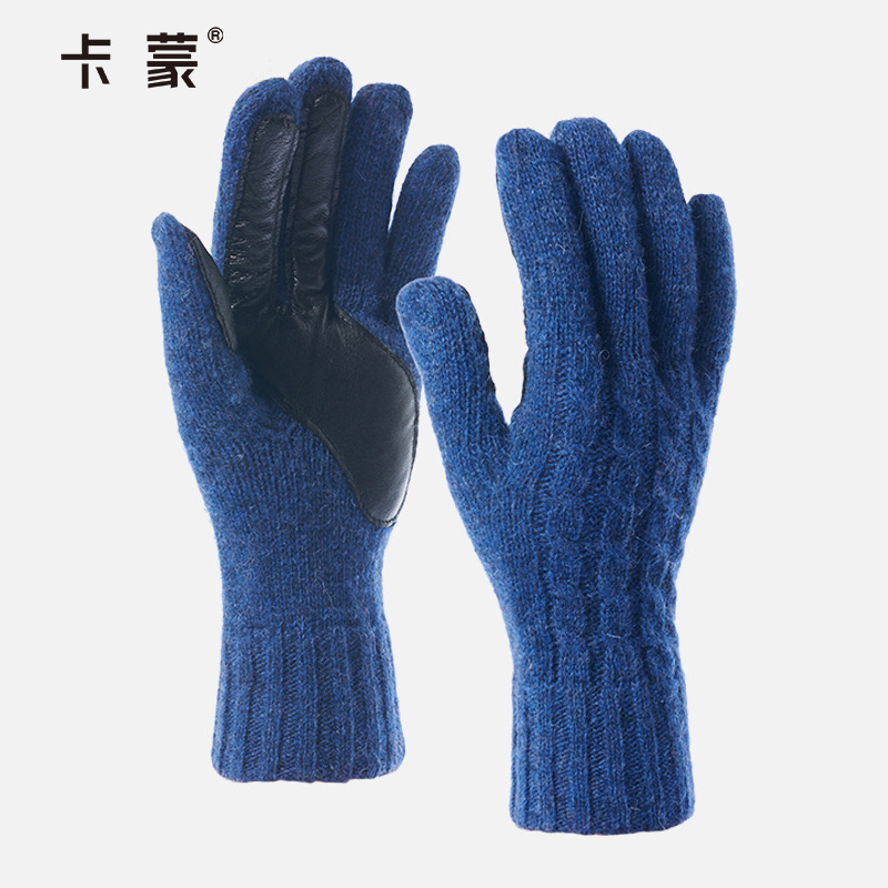 卡蒙羊毛针织羊皮拼接手套女冬骑车保暖加厚短款手套户外开车防寒