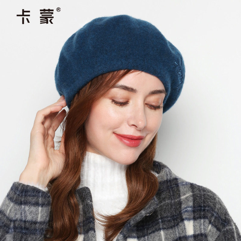 卡蒙纯色绵羊毛八角贝雷帽女秋冬可爱圆脸画家帽护耳保暖显脸小