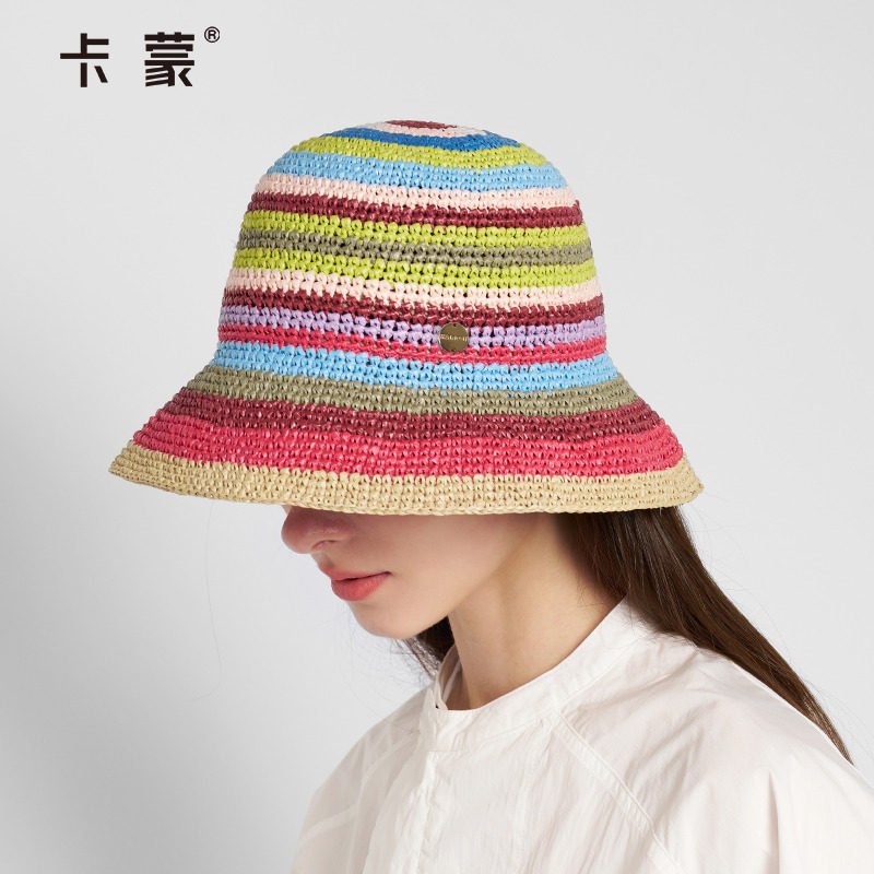 卡蒙多巴胺帽子女彩虹帽草编渔夫帽夏季可折叠沙滩太阳帽海边度假
