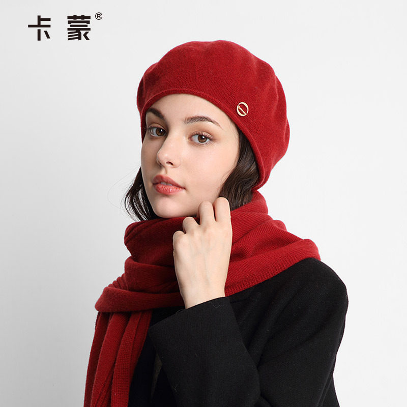 卡蒙山羊绒毛线贝雷帽女纯色安可拉红日系圆脸画家帽羊毛针织帽