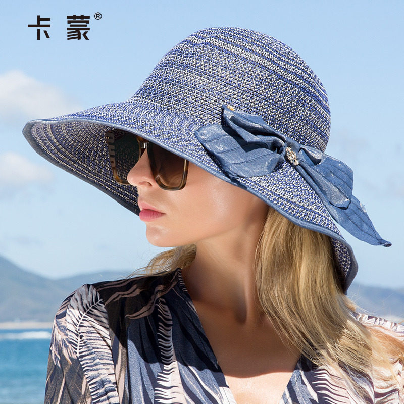 卡蒙蝴蝶结水钻可折叠草帽女夏沙滩草编太阳帽大头围防晒遮阳帽