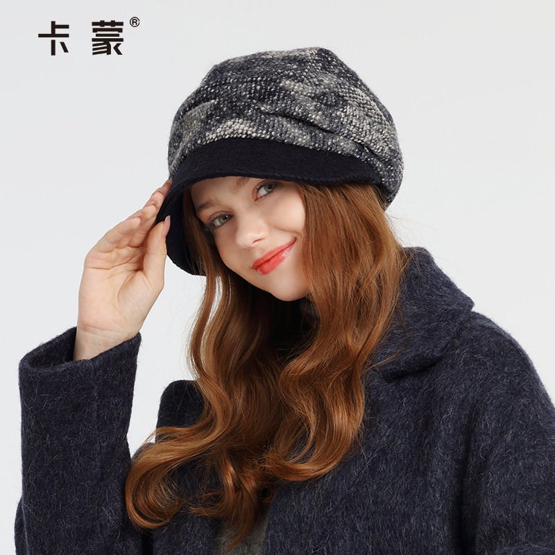 卡蒙冬款帽子女士格子贝雷帽拼接毛呢帽子韩版时尚堆堆帽修饰脸型