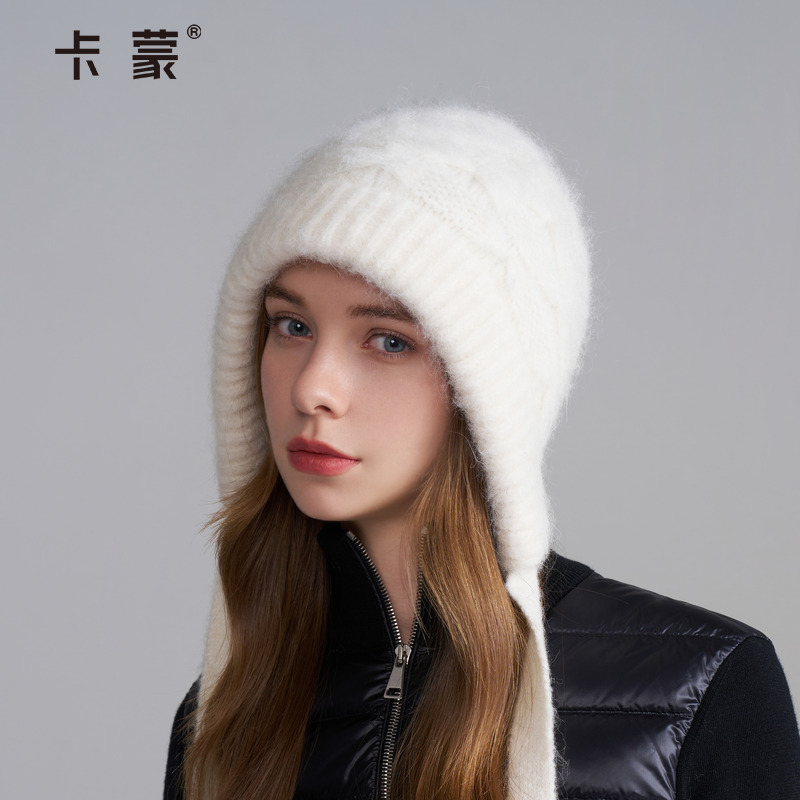 卡蒙绵羊毛针织帽女2025新款大头围显脸小登山防寒白色毛线帽