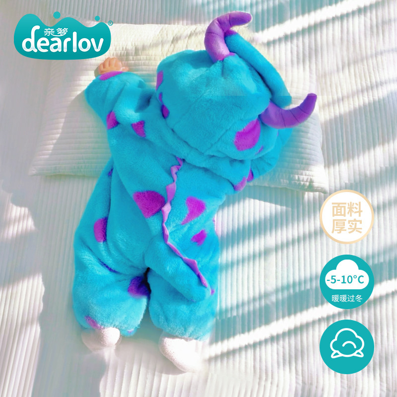 婴儿连体衣冬季加厚毛怪加绒棉服宝宝衣服小怪兽冬装可爱超萌外出