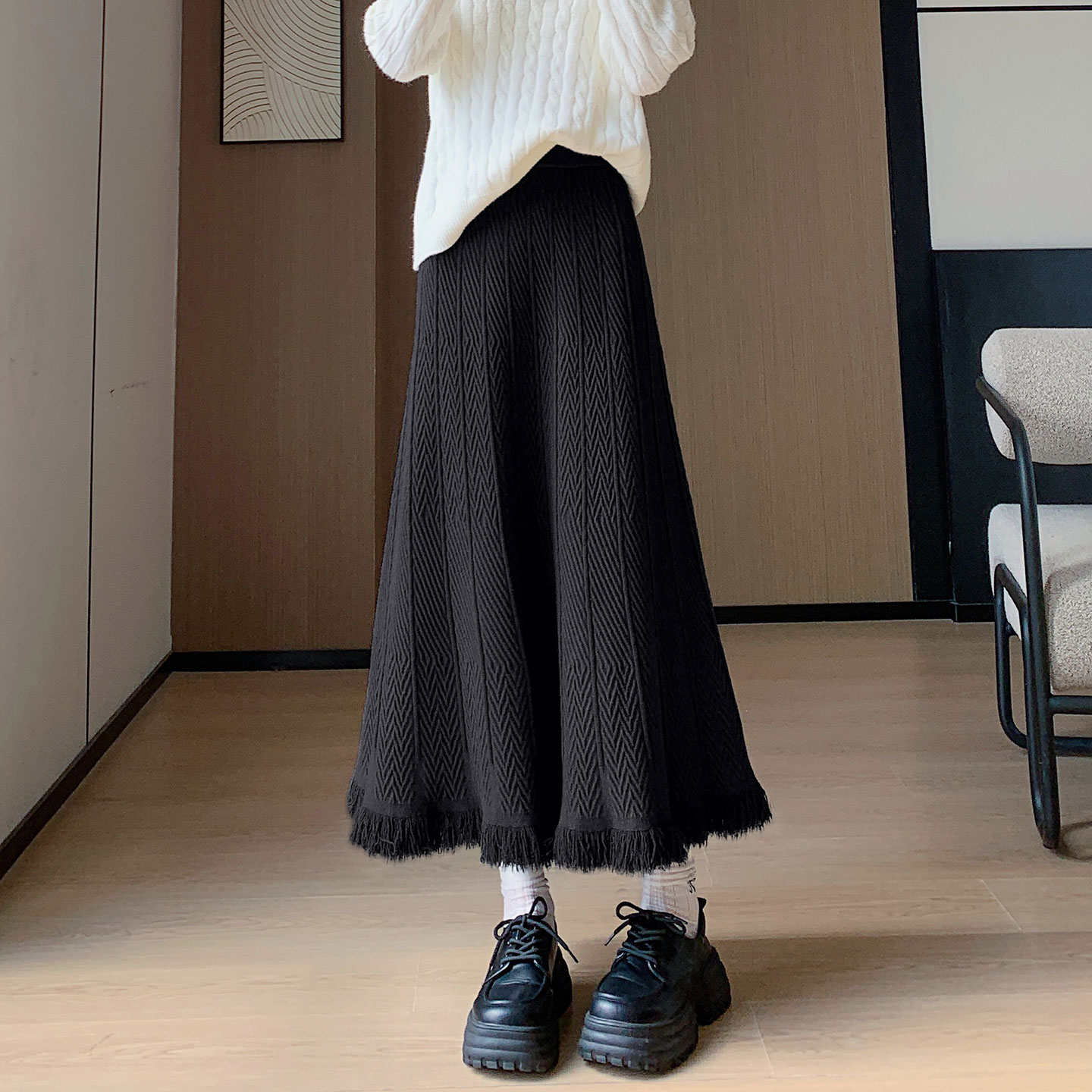 加厚半身裙针织半裙女2025新款冬季垂感过膝中长裙流苏裙子a字裙