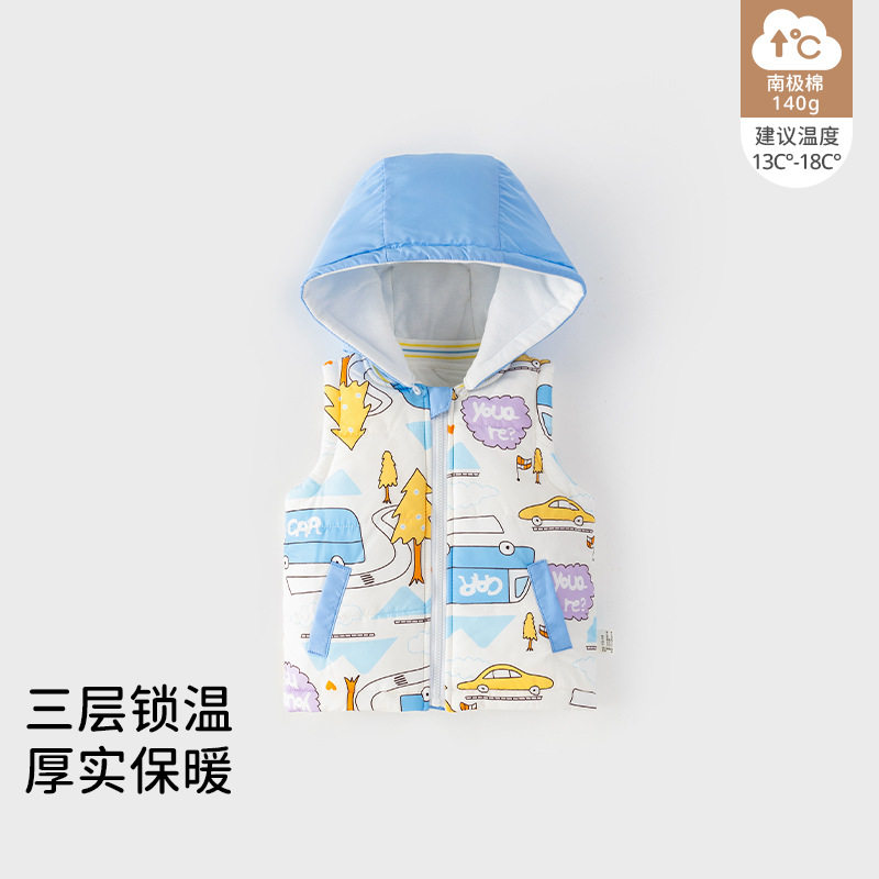婴儿马甲连帽秋冬装儿童保暖背心加厚男女宝宝卡通外穿坎肩夹棉