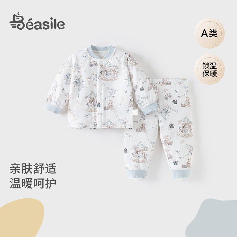 秋冬款宝宝加厚套装婴幼童男女宝宝夹棉前开两件套冬季宝宝家居服
