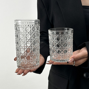 网红ins北欧风复古浮雕玻璃水杯牛奶果汁奶茶杯啤酒杯子威士忌杯