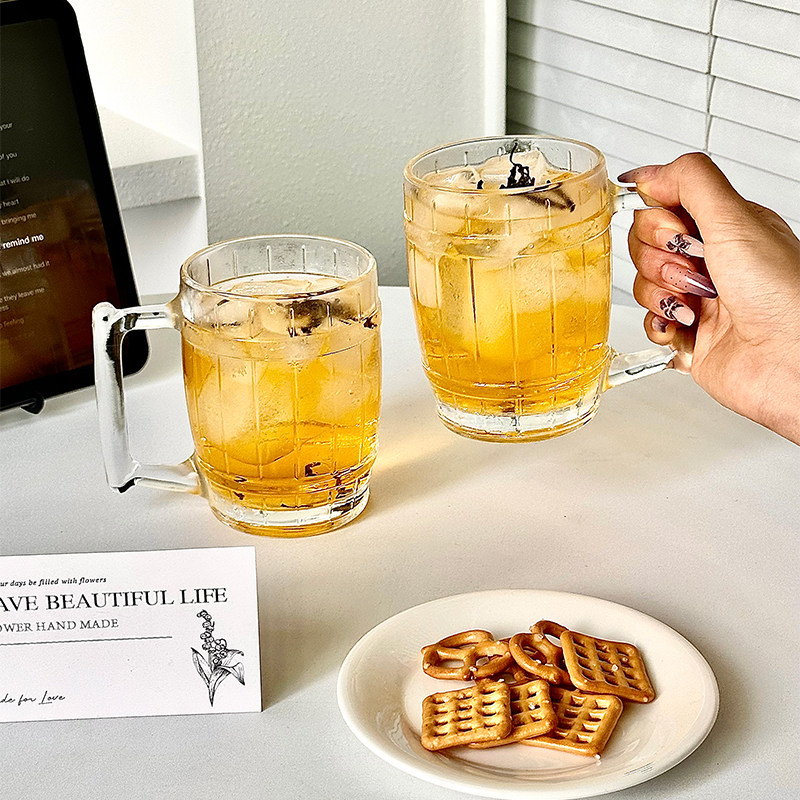 日式简约条纹加厚玻璃杯带把泡茶杯家用待客水杯果汁饮料杯啤酒杯