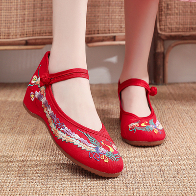 春秋一字扣内增高绣花单鞋民族风