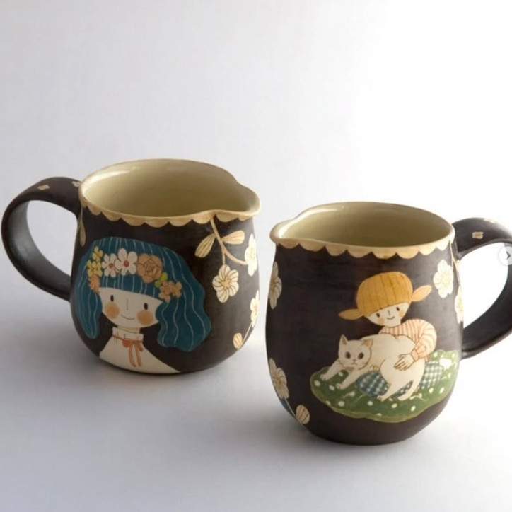 日本本土代购手作陶制手工手绘插画风少女陶瓷陶土咖啡杯碗碟玩具