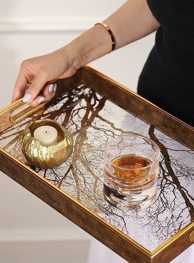 轻奢金色树枝托盘长方形茶盘