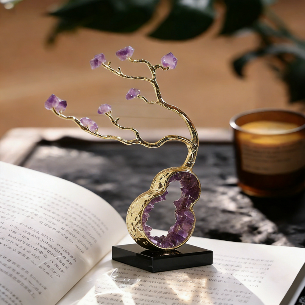 新中式紫水晶树摆件金属客厅桌面装饰品天然石材底座,家居饰品,桌面摆件,淘宝优惠券,粉丝福利购,淘宝优惠卷