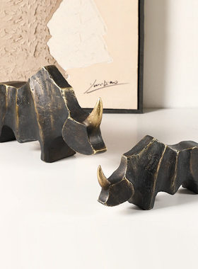 新中式侘寂风古抽象金角犀牛摆件别墅办公室书柜家居装饰工艺品