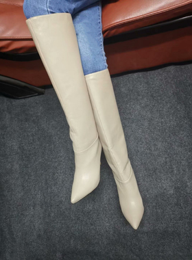 2021春款乳白色高筒靴尖头超高细跟女士10厘米百搭款明星网红款