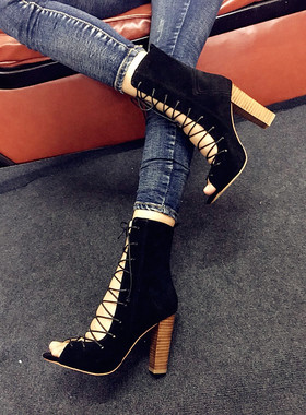 2019 黑色粗跟绑带 系带 超高跟10厘米 鱼嘴 小众款  可定其它色