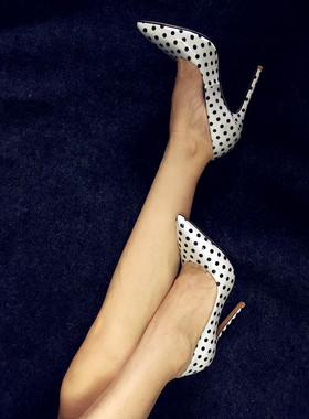 2020秋冬新款白色/黑圆点波点女鞋超高跟8 10 11.5厘米跟尖头真皮
