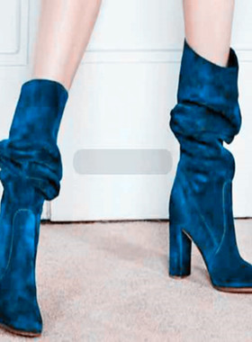 2020冬款靴圆头粗跟超高跟深蓝色真皮自然皱女鞋时尚宽松版