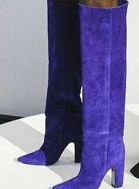 2021秋冬新款羊绒磨砂皮真皮长筒靴尖头粗跟8厘米舒适多色不过膝