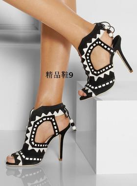 silla rulers黑色/白色凉鞋鱼嘴鞋拼色珠珠跟2018现货多色女鞋