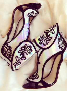 silla rulers女鞋凉鞋银色黑色绣花鞋糖果鞋宴会鞋婚鞋花朵10厘米