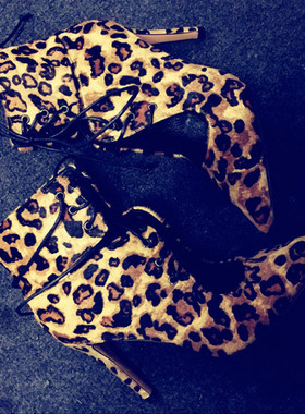 silla rulers女鞋豹纹尖头超高跟时尚走秀鞋2019马毛系带10厘米