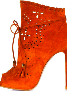 2020春秋女鞋凉鞋鱼嘴镂空穿皮条超高细跟多色入橘色灰色米色浅棕