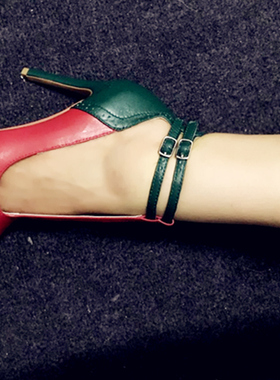 女鞋拼色红色/绿色超高跟11.5厘米尖头舞台鞋t字高跟鞋2019