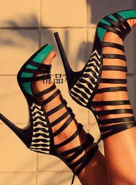 2020真皮女鞋凉鞋超高跟拼色走秀鞋 舞台鞋夜店凉靴黑色/蓝色细带