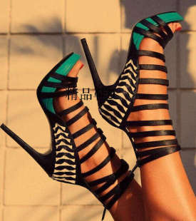 夜店凉靴黑色 2020真皮女鞋 舞台鞋 超高跟拼色走秀鞋 蓝色细带 凉鞋