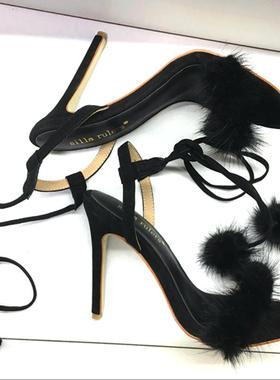 2020夏女凉鞋水貂毛高跟走秀鞋夜店鞋真毛黑色红黄色真皮性感10cm