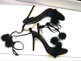 真毛黑色红黄色真皮性感10cm 夜店鞋 2020夏女凉鞋 水貂毛高跟走秀鞋