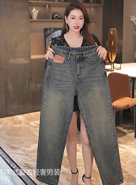 INTI秋冬高端美式复古男士牛仔裤阔腿裤宽松直筒做旧潮牌休闲高街