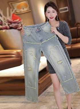 INTI秋冬潮牌机车风男士牛仔裤宽松大直筒男裤伐木裤复古做旧破洞