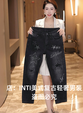 INTI秋冬原创五角星欧货印花高端男士宽松直筒牛仔裤黑色高街个性