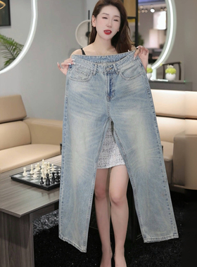 INTI秋冬高端美式复古水洗浅蓝色简约百搭男士宽松直筒牛仔裤休闲