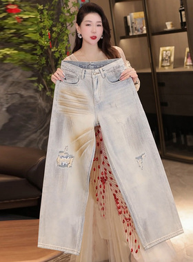 INTI秋冬原创高端潮牌牛仔裤男破洞复古做旧脏脏裤宽松大直筒阔腿