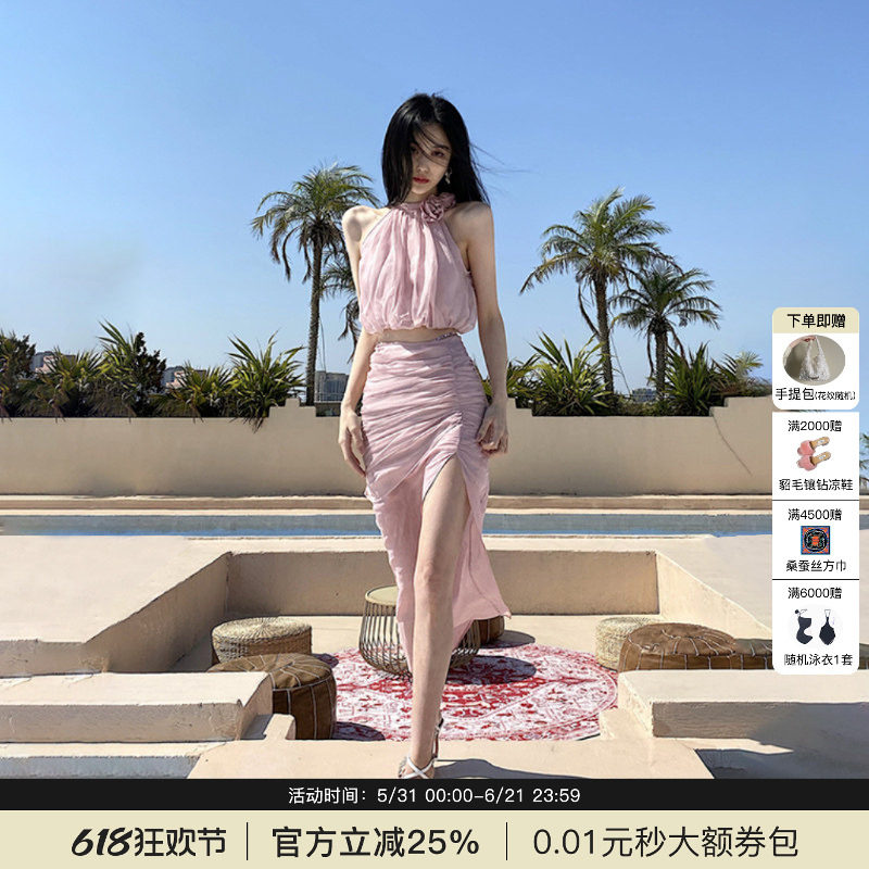 王柠萌同款MIMI PLANGE 立体花朵收褶雾纱上衣钻链亚麻半裙套装女
