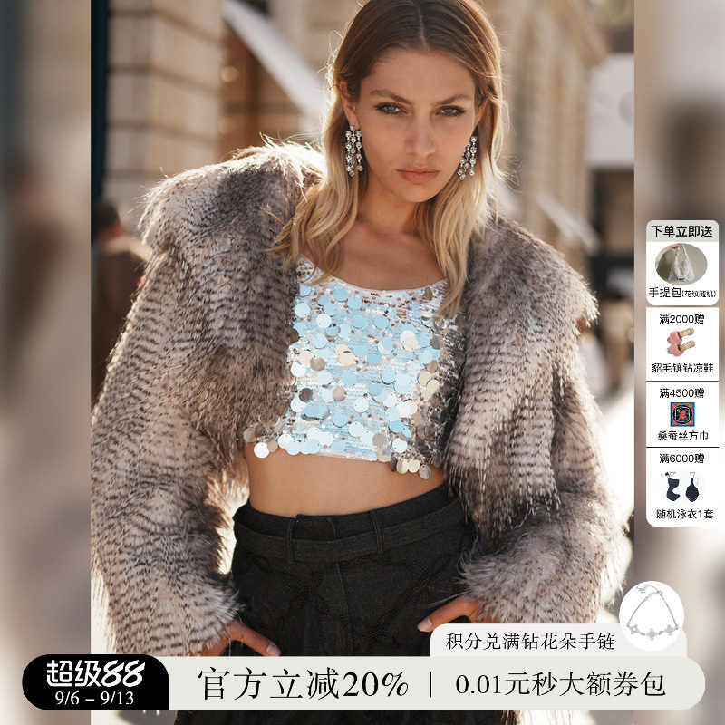 MIMI PLANGE轻奢长毛大翻领层次环保皮草超短款外套女25秋冬新款
