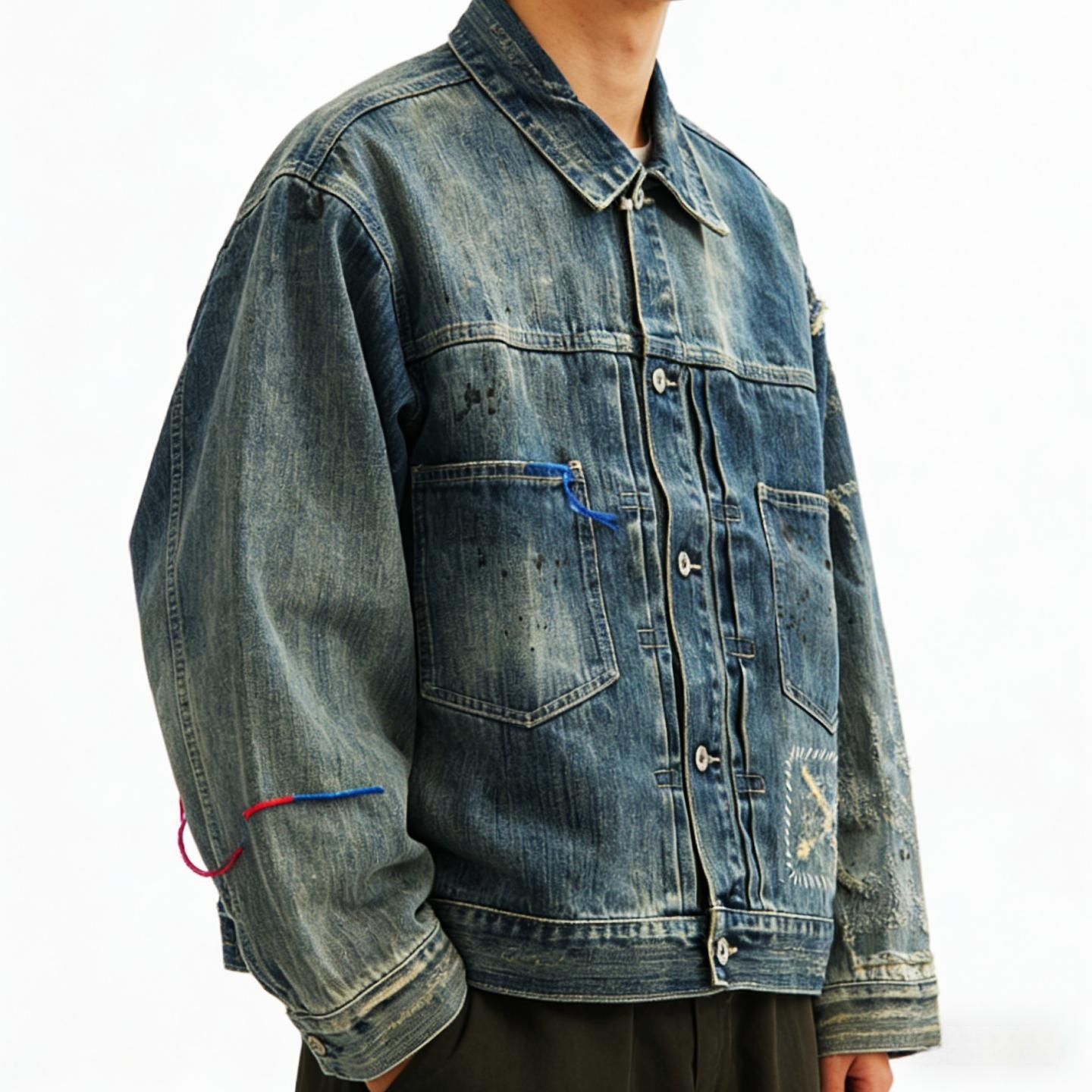 平替ANACHRONORM做旧破坏补丁Vintage宽松短款cleanfit牛仔外套潮
