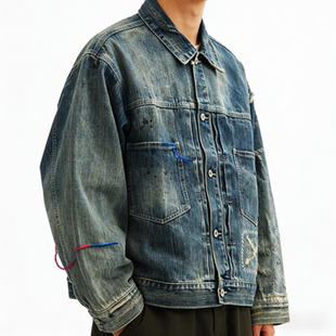 平替ANACHRONORM做旧破坏补丁Vintage宽松短款cleanfit牛仔外套潮