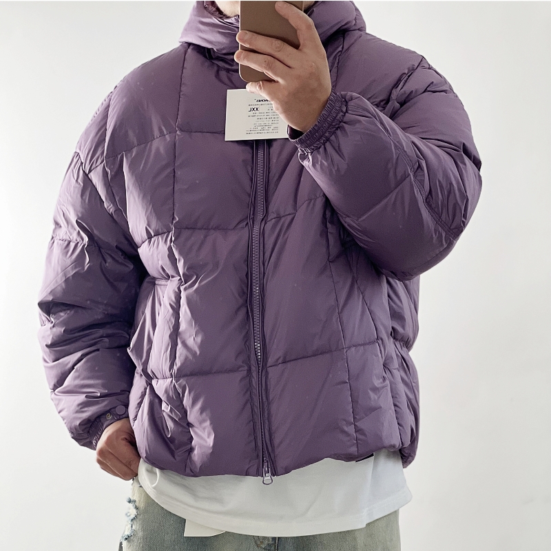 日系连帽菱形格90绒白山羽绒服