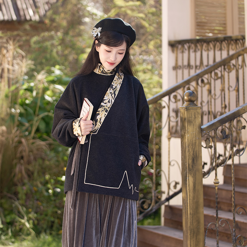 花间心律 清水溪改良国风晋制汉服女羊毛外套秋冬加绒阔腿裤日常