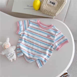 女童短袖T恤2026夏装新款婴儿童韩系甜美条纹半袖打底衫上衣棉潮