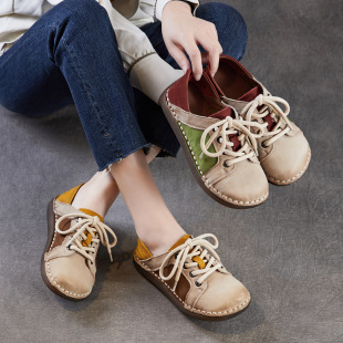 舒适平底民族风休闲运动鞋 新款 2026春季 头层牛皮手工复古拼色女鞋