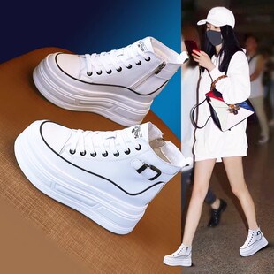 百搭小个子厚底短靴春秋单靴 爆款 真皮高帮内增高小白鞋 女2024新款