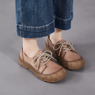 舒适休闲平软底真皮丑萌女鞋 新款 2026年春季 编织压花复古系带单鞋
