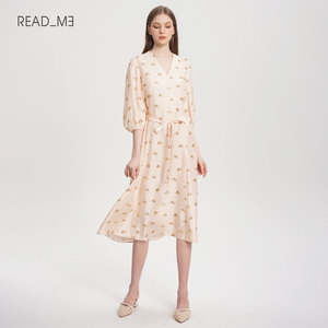 Readme读我V领显瘦真丝印花腰带女中长款连衣裙50806125
