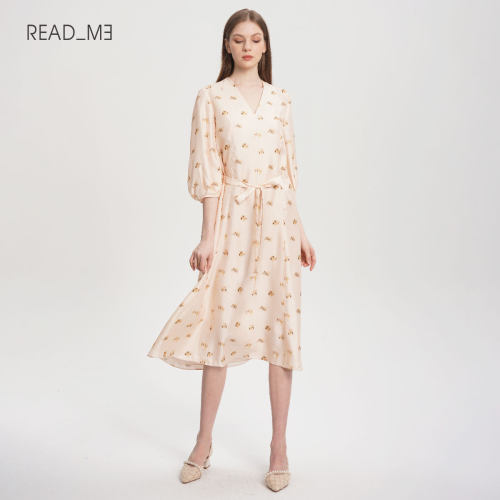 readme优雅中长款真丝连衣裙